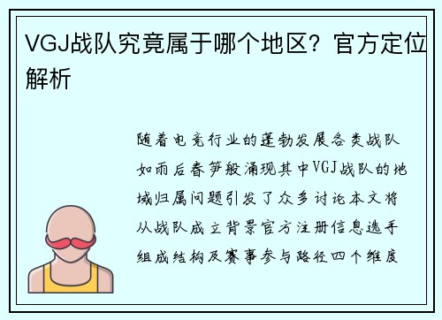 VGJ战队究竟属于哪个地区？官方定位解析